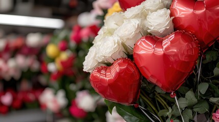 Wall Mural - Romantic bouquet of flowers with red heart-shaped balloons