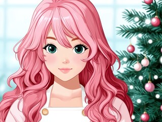 Anime girl with pink hair in front of christmas tree