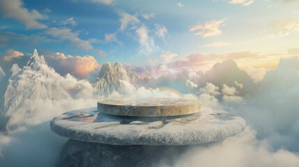 Wall Mural - 3D rendering of a stone circular podium display with a stunning rainbow behind the mountains and fog in the sky.