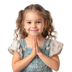 Wall Mural - A young girl is wearing a blue overalls and is smiling. She is praying and has her hands together