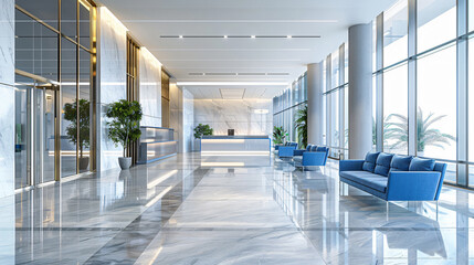 Poster - A modern and stylish lobby featuring marble floors, large windows, and comfortable seating, showcasing elegance and sophistication.