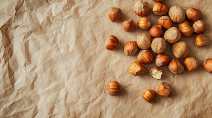 Wall Mural - A handful of peeled hazelnut kernels scattered on coarse craft paper, with a background featuring ample copy space.