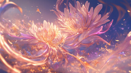 Poster - A stunning digital artwork featuring two blooming flowers amidst swirling colors and golden accents, creating a magical and vibrant scene.