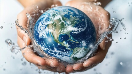 Hands holding a water-splashed Earth, symbolizing worldwide environmental care, conservation, and global unity.