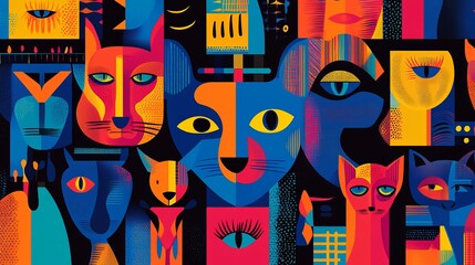 Wall Mural - Colorful Abstract Cat Portraits in Vibrant Geometric Patterns