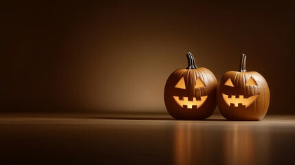 Two pumpkins with their eyes open and smiling on a table