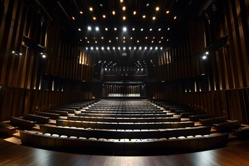 Canvas Print - Empty Auditorium with Wooden Seats and Stage Lights