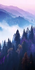 Poster - Misty Mountain Forest Landscape with Purple and Blue Hues