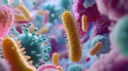 A detailed view of microickets and bacteria in the human body, rendered with vibrant colors and intricate details. 