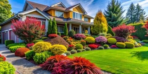 Vibrant multicolored shrubs intersect with lush bright green lawns in a stunning front yard landscape, set against a modern house with a picturesque garden care background.