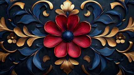 Wall Mural - A detailed floral design showcases a red flower surrounded by gold leaves and blue accents