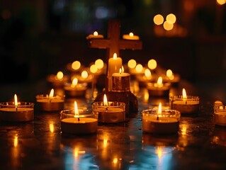 Sticker - Glowing Cross Shaped Candle Arrangement Exuding Peaceful Ambiance in Darkened Room