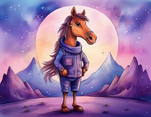 Wall Mural - Cartoon horse on the moon in the night