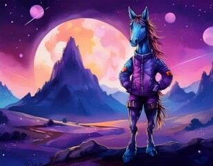 Wall Mural - Cartoon horse on the moon in the night