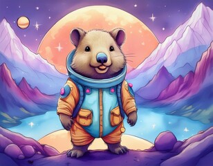 Wall Mural - Cartoon wombat on the moon in the night