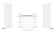 © ann_ounce - Trade show booth display kit mock-up. White blank expo tradeshow set template. Roll-up retractable banner stands, table counter, swivel bar stools. Realistic 3d vector mockup