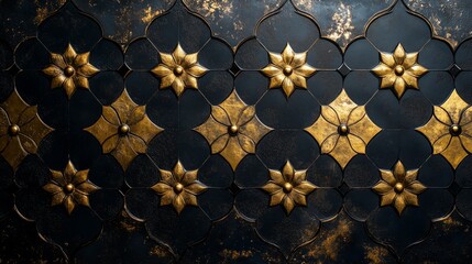 Wall Mural - The decorative wall displays detailed floral motifs in gold and black tones, enhancing the ambiance of the space