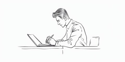 Poster - Simple line drawing of a businessman jotting down his aspirations in a book.