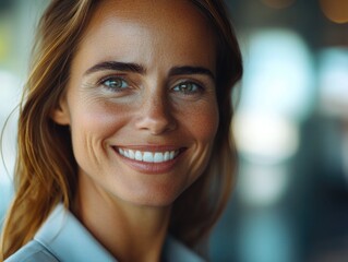 Portrait of a happy woman with long hair smiling directly at the camera