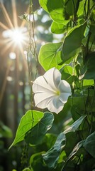 White morning glory flower with green leaves in sunlight