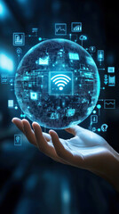 Poster - A hand is holding a glowing sphere with a wifi symbol on it. The sphere is surrounded by a variety of icons and symbols, representing the interconnectedness of the digital world