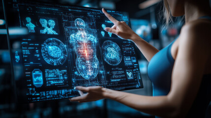 Poster - A woman is holding a computer monitor that displays a 3D image of a human body. The image is in blue and red colors, with the red area indicating a potential problem or issue