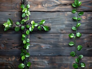 Canvas Print - Fresh Green Leaves and Twigs Crafted into a Symbolic Cross on Rustic Wooden Background