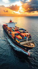 Poster - A large cargo ship is sailing through the ocean. The sun is setting in the background, casting a warm glow over the water. The ship is filled with containers, and it is a busy day for the crew