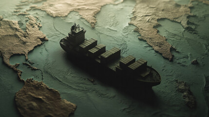 Poster - A large ship is floating in the ocean near the coast of the United States. The ship is surrounded by a rocky shoreline and a sandy beach. The scene is peaceful and serene