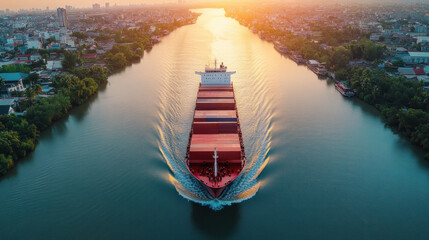 Poster - A large red ship is traveling down a river. The ship is surrounded by trees and buildings, giving the scene a sense of urban life. The sun is setting, casting a warm glow over the water and the city