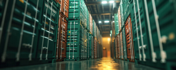 Poster - A warehouse with many green and brown containers stacked on top of each other. The scene is dimly lit, giving it a somber and industrial feel