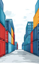 Poster - A large building with many containers stacked in a row. The containers are of different colors, including red, blue, and yellow. The building appears to be a warehouse or a shipping container facility
