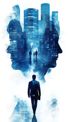 Poster - A man is walking in a city with buildings in the background. The image is a representation of the idea of a busy city life