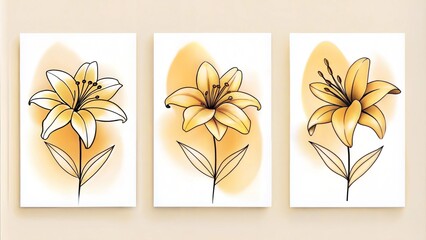 Wall Mural - Set of three vertical poster,  minimalist floral one line art