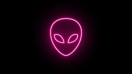 Wall Mural - Neon martian head animation, fast colorful flicker. Glowing neon ufo alien icon, looped fast winking animation. Space alien face, extraterrestrial, martian emoji, humanoid. Colorful blink