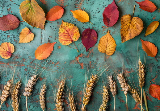 Autumn background with colored leaves and wheat on green textured concrete table, top view. Space for text or design. Fall concept for design, wallpaper. Flat lay style. October mood. Sale backdrop