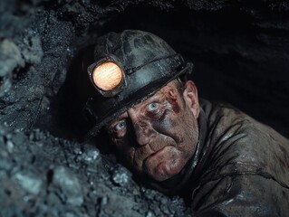 A worker wears a hard hat and stands in a cave, with rugged walls and a rough terrain