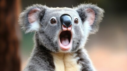 Wall Mural - A koala is standing in front of a tree with its mouth open. The koala appears to be surprised or excited