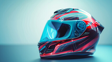 Motorcycle helmet with blue and pink art design