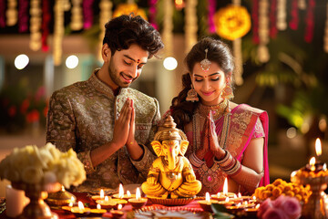 Poster - Indian couple praying in front of Lord Ganesha