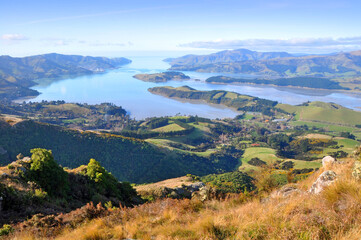 lyttleton harbour panorama, christchurch, new zealand.