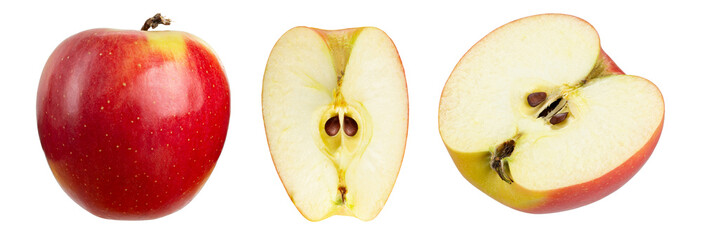 Canvas Print - Red apple isolated. Whole apple, half and a slice on white background. Red appl set with clipping path.