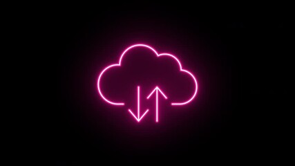 Wall Mural - Neon cloud icon animation, fast colorful flicker. Glowing neon cloud storage with arrows, looped fast winking animation. Cloud space and technology, data backup, file repository. Colorful blink