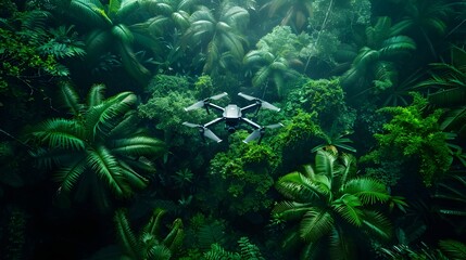 Poster - Drone Hovering Above Lush Rainforest Canopy Highlighting Environmental Conservation