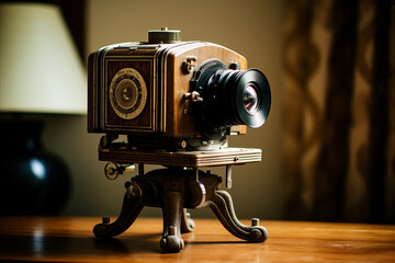 Vintage 19th Century Film Camera on Compact Tripod - Retro Photography.