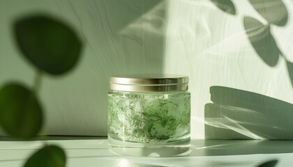 Wall Mural - Stylish green seaweed cosmetic jar offering organic skin care benefits