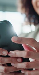 Aufkleber - Business hands, mobile and typing in office communication, chat or networking online for social media engagement. Public relations worker or person with phone app for company FAQ, contact or website