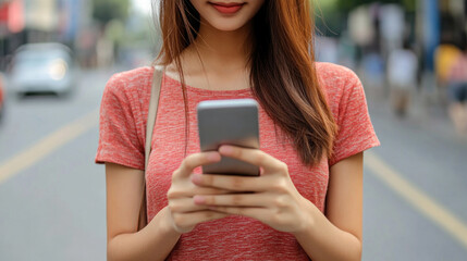 Poster - A woman in a red shirt is looking at her cell phone. She is smiling and she is enjoying herself