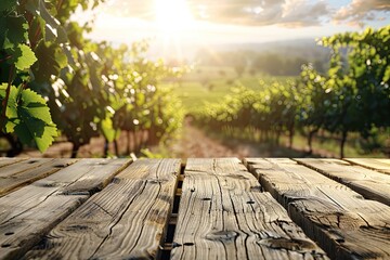 Wood table top podium floor in a sunny vineyard background.