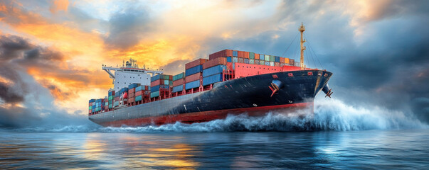 Poster - A large cargo ship is sailing through choppy waters. The sky is orange and the water is choppy
